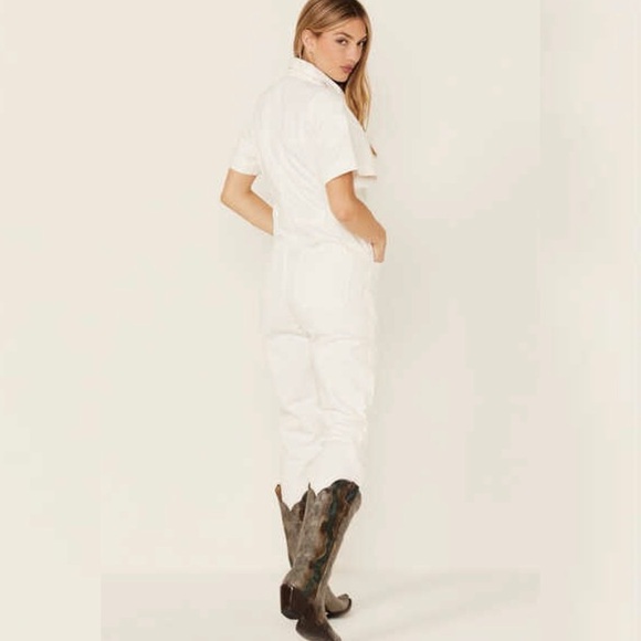 Free People 80s Style White Marci Utility Coveralls Denim Jean Jumpsuit - Picture 8 of 16